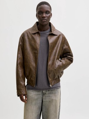 Jack & Jones Erkek Suni Deri Bomber Ceket - Leon