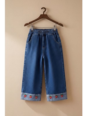 Magu Kız Çocuk Pamuklu Mavi Çilek Nakışlı Jean Pantolon - Lastik Belli Bol Paça Model