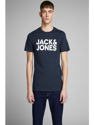 Jack & Jones Erkek Lacivert Kısa Kol Spor T-Shirt Pamuk Slim Fit Grafik Desenli