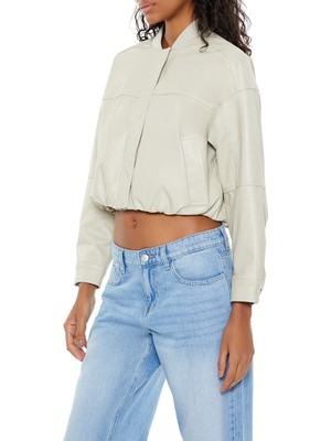 F21 Suni Deri Crop Bomber Ceket