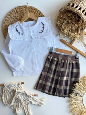 Kr Kids Butik Kız Çocuk Nakışlı Beyaz Gömlek Ekose Piliseli Etek Takım – 2 Parça Şık Kombin