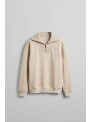 Abluka Online Erkek Oversize Dik Yaka Yarım Fermuarlı Sweatshirt Bej