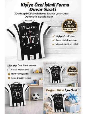 Kişiye Özel Beşiktaş Isimli Forma Duvar Saati 3D Ahşap Mdf Taraftar Saat