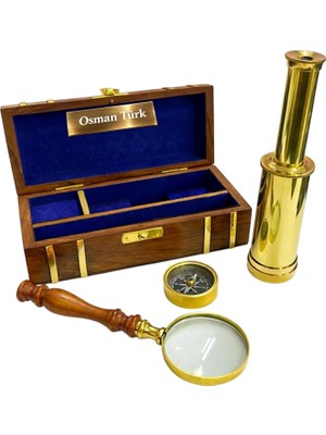 Hediye Fikri Kişiye Özel Ahşap Kutulu Pirinç Dürbün, Pusula ve Büyüteç Seti 11X6 cm