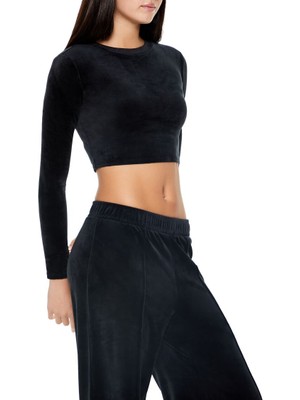 F21 Velur Uzun Kollu Crop Tişört