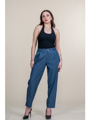 MissVina Taş Baskı Yüksek Bel Pileli Cepli Denim Pantolon 30254