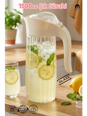 Muf Home Çizgili Şık Cam Sürahi  Tek Parmakla Açılan Hijyenik Kapaklı Su ve Meşrubat Sürahisi 1500CC Bpa Free