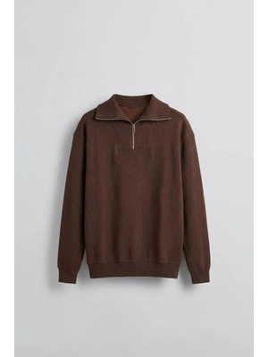 Abluka Online Erkek Oversize Dik Yaka Yarım Fermuarlı Sweatshirt Kahve