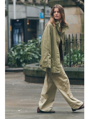 Allbucks Zara, Beli Bağcıklı Dik Yakalı Maksi Cepli Oversize Ceket ABZRA3781