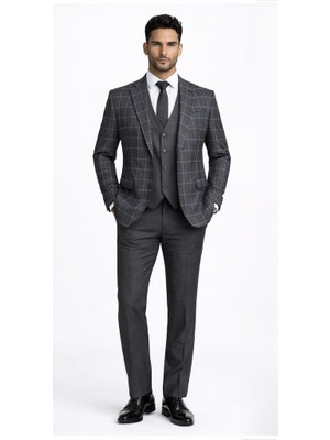 Fabio Cassel Slim Fit  Mono Yaka Çift Yırtmaçlı Astarlı Takım Elbise Yelekli
