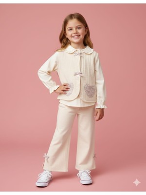 Bupper Kız Çocuk Yelek, Gömlek ve Pantolon 3lü Takım (4 Kat Müslin Kumaş)