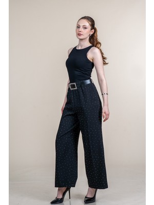 MissVina Boru Paça Taş Baskılı Krep Kumaş Beli Lastikli Kemerli Pantolon 30255