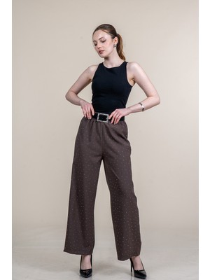 MissVina Boru Paça Taş Baskılı Krep Kumaş Beli Lastikli Kemerli Pantolon 30255