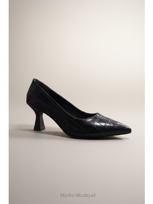 Modayak Burak Siyah Cilt Yılan Derisi Desenli Ince Topuk Sivri Burun Topuklu Ayakkabı