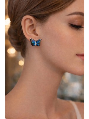 Premium Mavi Kelebek Model Stainless Steel Küpe ( 3 cm )