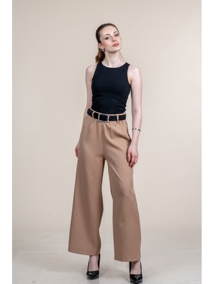 MissVina Boru Paça Taş Baskılı Krep Kumaş Beli Lastikli Kemerli Pantolon 30255