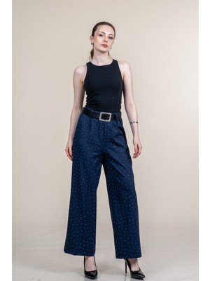 MissVina Boru Paça Taş Baskılı Krep Kumaş Beli Lastikli Kemerli Pantolon 30255