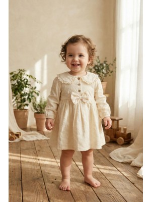 Cantoy Pudra Çiçekli Pamuklu Fiyonk Detaylı Elbise