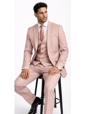 Fabio Cassel Slim Fit  Mono Yaka Çift Yırtmaçlı Astarlı Takım Elbise Yelekli