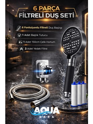 Aqua Sara 6 Parça Yüksek Basınçlı Filtreli Duş Başlığı Seti | 6 Modlu, 3 Yedek Filtreli, Hortum ve Duş Başlığı Tutucu
