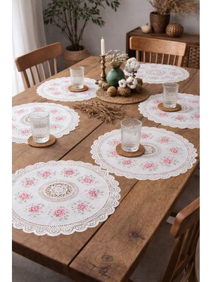 Dede Ev Tekstil 6' Li Amerikan Servis Supla Dantel Işlemesi Görünümlü 40 cm Yuvarlak