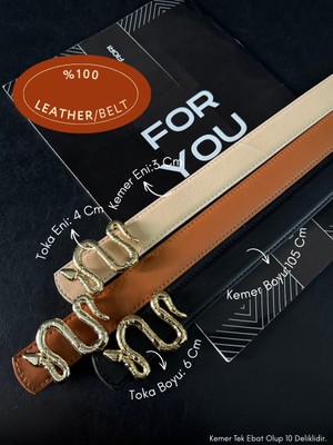 Fiori Hakiki 3cm Bombeli Yılan Tokalı Kadın Kemeri, Ceket Kemeri, Gömlek Kemeri, Elbise Kemeri