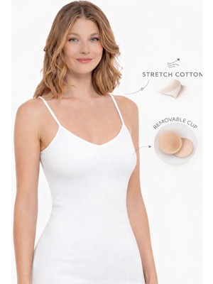 Berrak Kadın Çıkarılabilir Pedli Askılı V Yaka Fitilli Pamuk Atlet -Esnek Kumaş