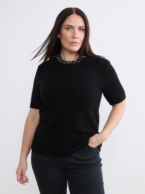 Soulife Büyük Beden Bisiklet Yaka Taşlı Kadın Triko Kazak