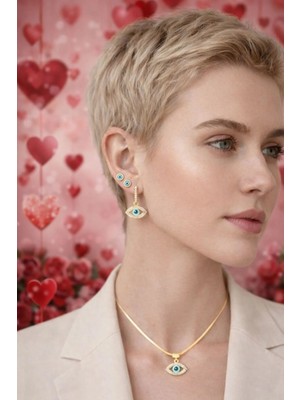 Aşka Nazar Değmesin Gold Kolye ve Küpe Seti