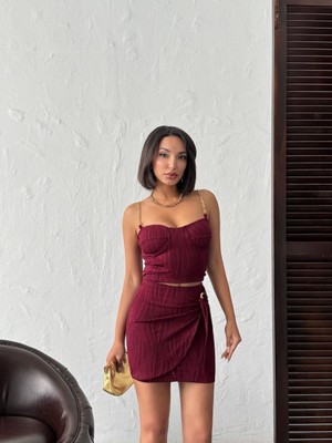 Gold Zincir Askılı Dalgalı Jakar Kumaş Drapeli Mini Elbise