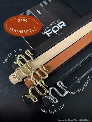 Fiori Hakiki 3cm Bombeli Yılan Tokalı Kadın Kemeri, Ceket Kemeri, Gömlek Kemeri, Elbise Kemeri