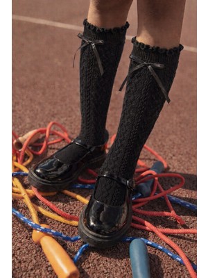 Kız Çocuk Kurdele Fiyonklu Dizaltı Çorap Siyah