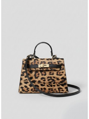 Kadın Leopar Desenli Siyah Detaylı El Çantası