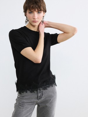 Soulife Bisiklet Yaka Dantel Detaylı Kadın Triko Kazak