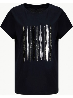 Fabrika Bisiklet Yaka Payetli Siyah Kadın T-Shirt F6SL-TST0350