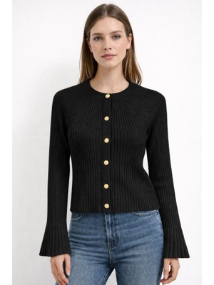CGA Kadın Siyah Hırka Bisiklet Yaka Ispanyol Kol Gold  Düğmeli Hırka