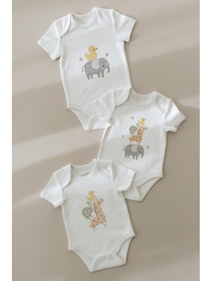 Lilabio %100 Organik Pamuk 3lü Baskılı Kısa Kollu Bebek Body Fil