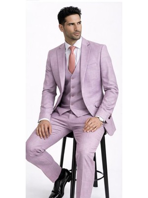 Fabio Cassel Slim Fit  Mono Yaka Çift Yırtmaçlı Astarlı Takım Elbise Yelekli