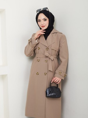 KMK Kombin Kadın Arkası Baskılı Yırtmaçlı Düğmeli Trençkot