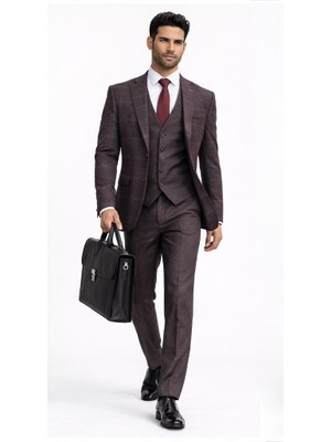 Fabio Cassel Slim Fit Kombinli  Mono Yaka Çift Yırtmaçlı Astarlı Takım Elbise Yelekli