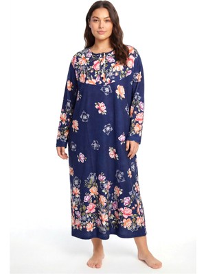 Celira Büyük Beden Çiçek Desenli Uzun Kollu Anne Geceliği Lacivert