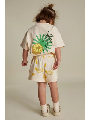 Magu Kız Çocuk Pamuklu Ekru Muz Desenli T-Shirt ve Şort Takım