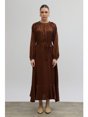 Vavinor Kuşaklı Jakar Elbise - Kahve