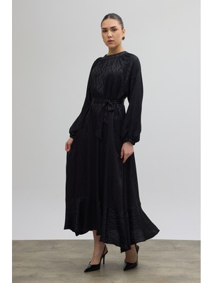Vavinor Kuşaklı Jakar Elbise - Siyah