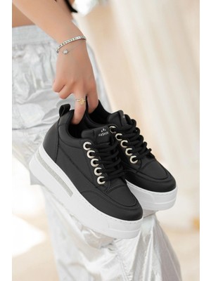 Erbilden Lulu Siyah Cilt Beyaz Tabanlı Bağcıklı Spor Ayakkabı