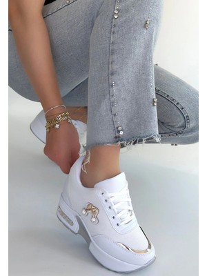 Erbilden Wody Beyaz Cilt Simli Bağcıklı Spor Ayakkabı