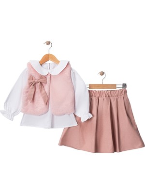 Wow Kız Çocuk Bayramlık Etekli Takım 2-5 Yaş Pudra Kürk Yelekli Fiyonklu Şık Takım