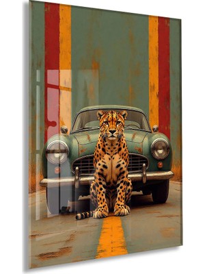 Klasik Otomobil ve Leopar Cam Tablo – Modern Urban Duvar Sanatı - PEONY087