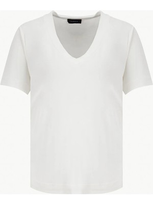 Fabrika V Yaka Düz Kırık Beyaz Kadın T-Shirt F6SL-TST0175