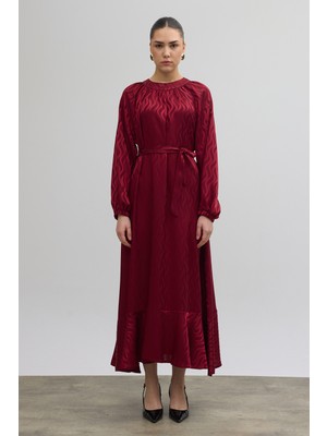 Vavinor Kuşaklı Jakar Elbise - Bordo